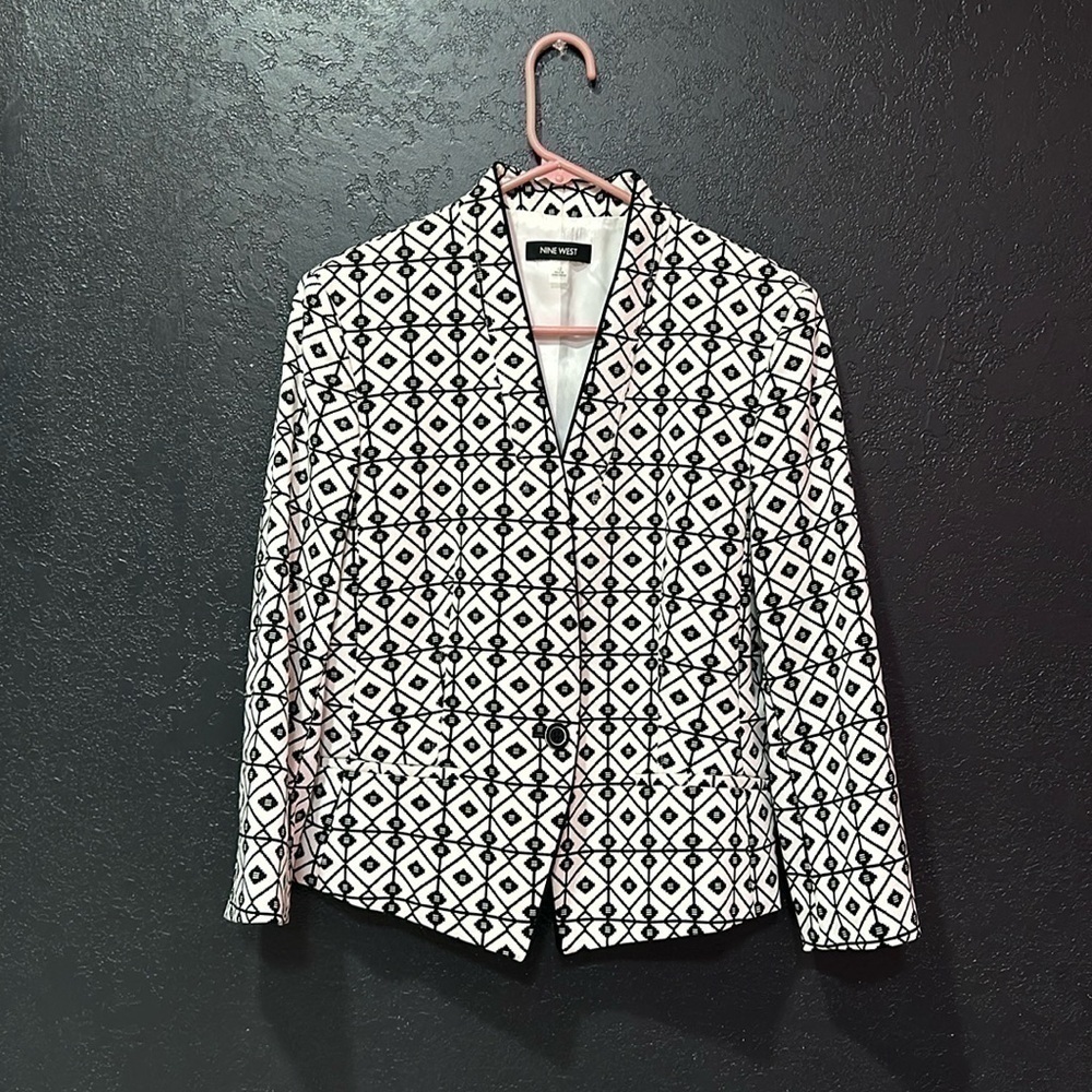 Nine West Cropped Blazer Black White Geometric Womens Size 12